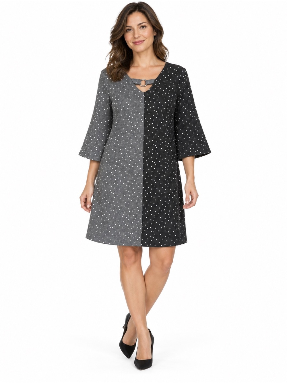Papillon polka dots dress women's size S-M 3/4 bell sleeves black grey white